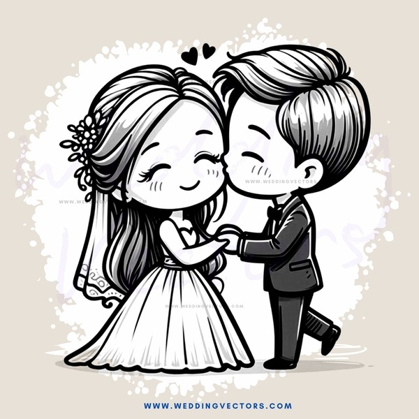 wedding couple kissing in black and white cartoon illustration