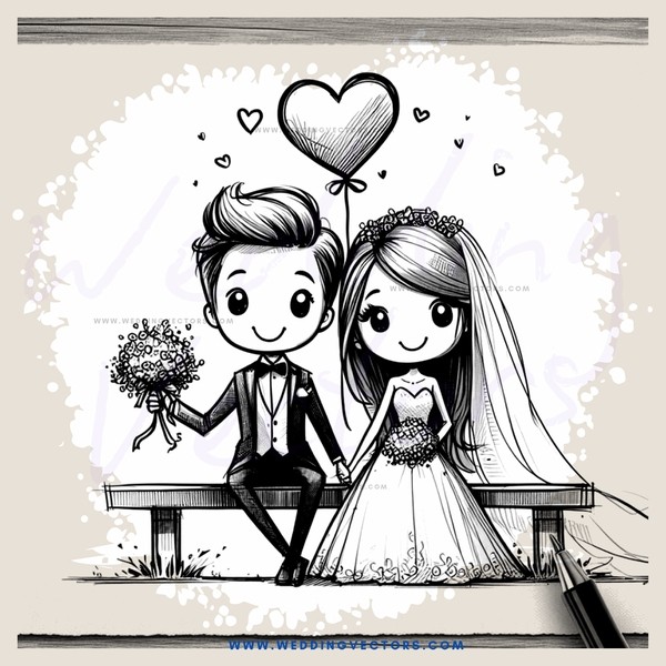 a heartwarming illustration of an engaged couple sitting on a bench
