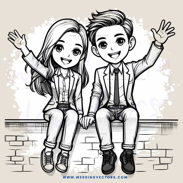 two friends sitting on a brick wall and waving
