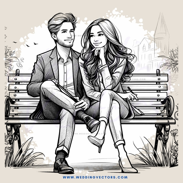 a man and woman sitting on a bench in front of palm trees