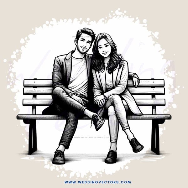 man and woman sitting on bench in cartoon style image
