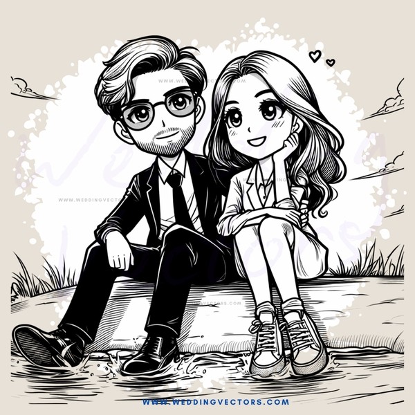 a couple sitting on a cement block