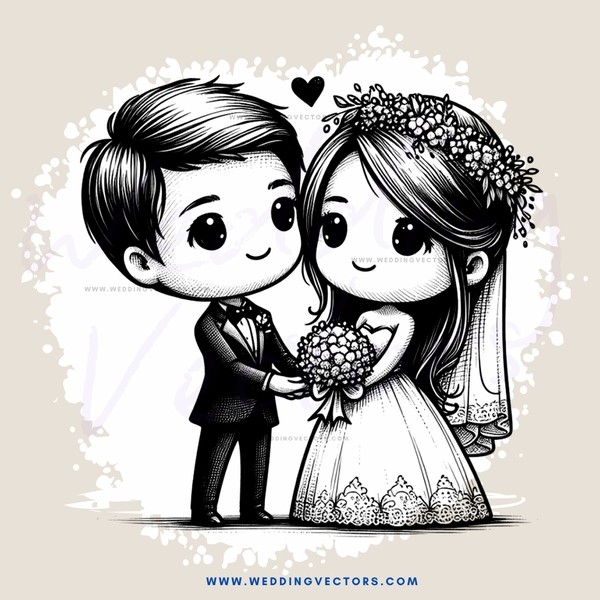 wedding posing in black and white cartoon style