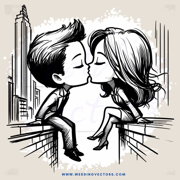 a couple kissing in front of a city skyline