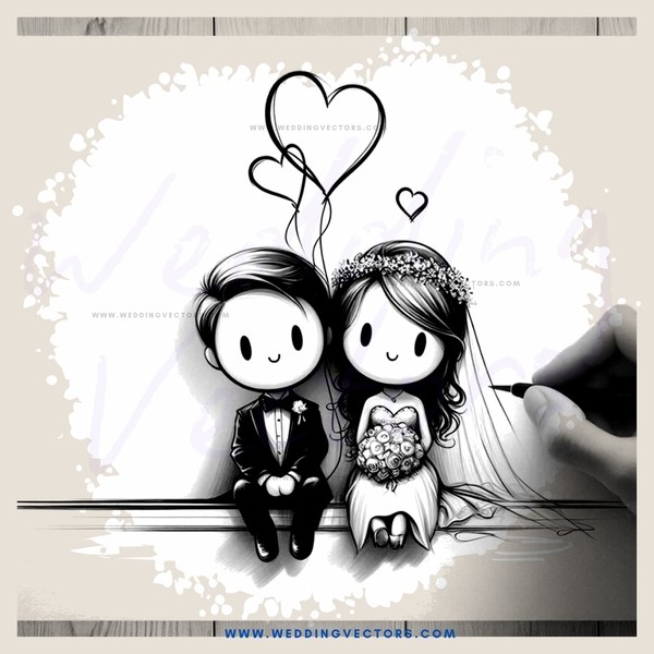 a cartoon depiction of a couple on their wedding day