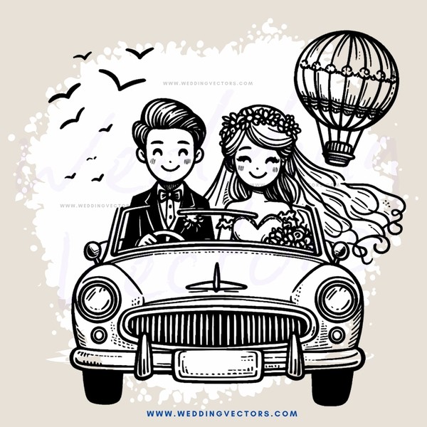 a carriage ride with birds and a hot air balloon in the background