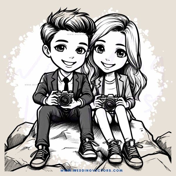 a boy and girl posing with cameras