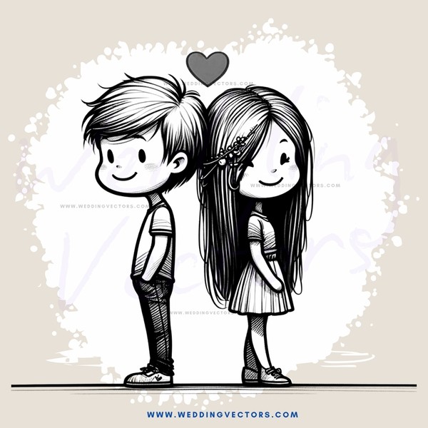 a boy and girl standing together with hearts above their heads