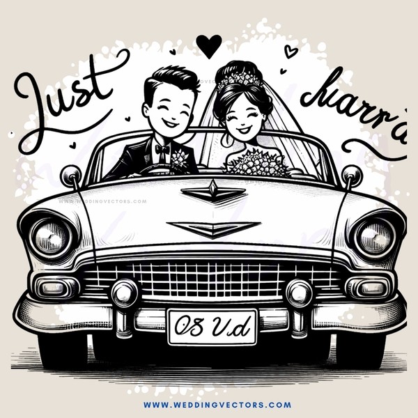 a couple on their wedding day get in a car