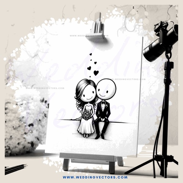 a black and white drawing of a couple on their wedding day