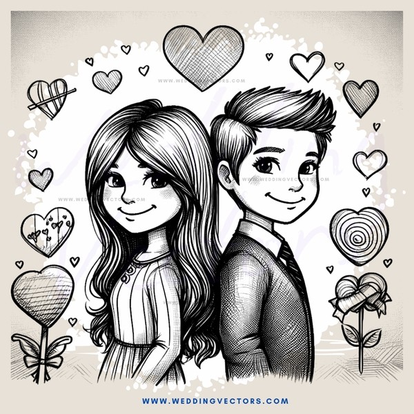 a boy and girl holding hands with hearts behind them