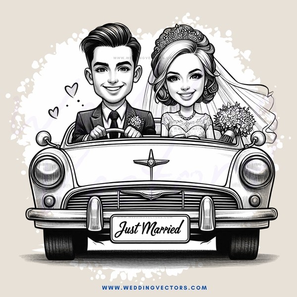 a couple in a vintage car that's just married