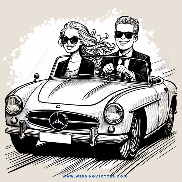 a black and white caricature of a man and woman in a convertible
