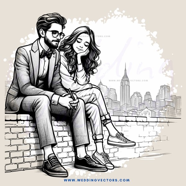 a couple sitting on a wall looking at a cityscape