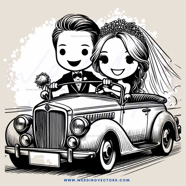 a black and white illustration of a couple on a car