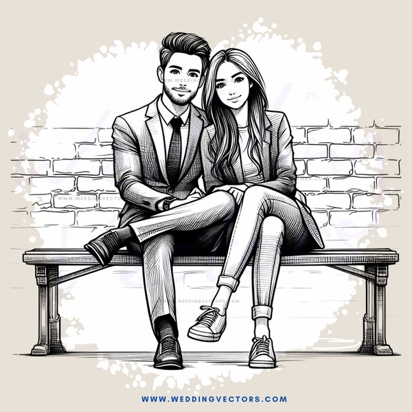 a couple sitting on a bench with bricks in the background