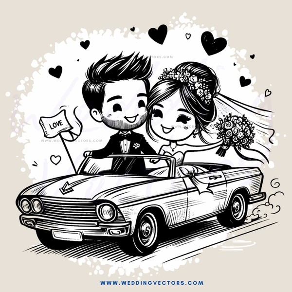 love car in black and white cartoon style drawing