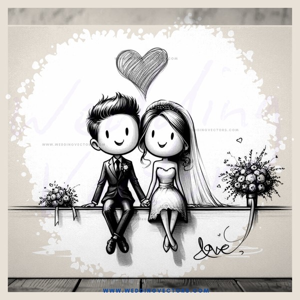a couple sitting together with flowers and a heart above them