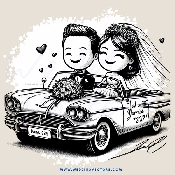 carousel wedding drawing with caricature style faces, black and white illustration
