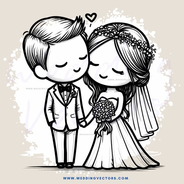 wedding clip art with hearts and flowers on couple's hair