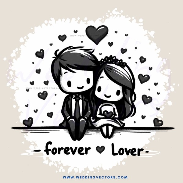 couple sitting with love and forever wording