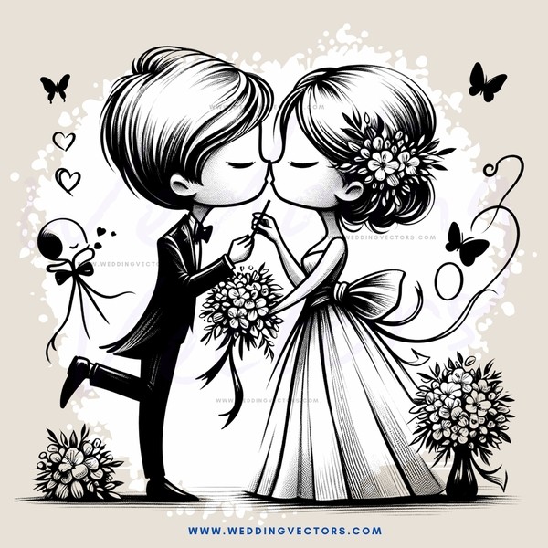 boy and girl kissing with flowers and butterflies