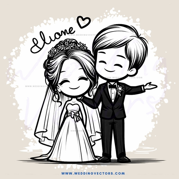 a bride and groom hugging in an illustration