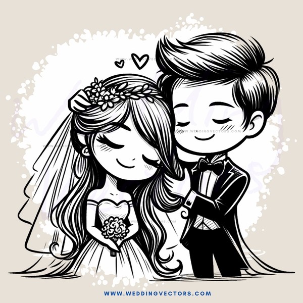 a bride and groom in black and white wedding portrait with heart shaped hearts