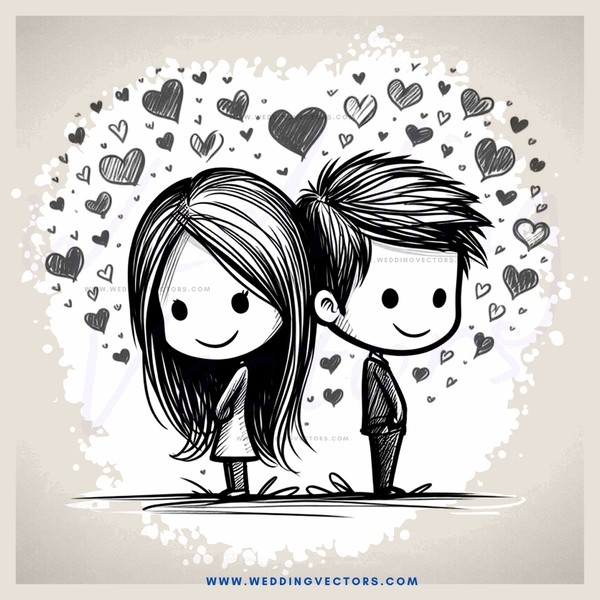 two smiling people in profile with hearts surrounding them