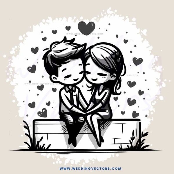 a couple sitting on a bench with hearts in the background