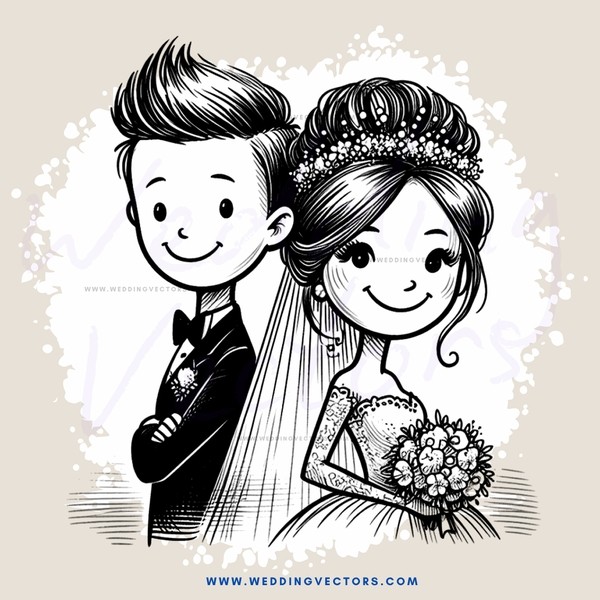 a bride and groom in wedding attire