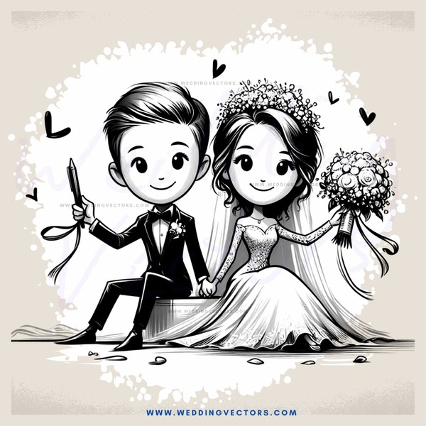 a couple in wedding attire holding flowers and a ring