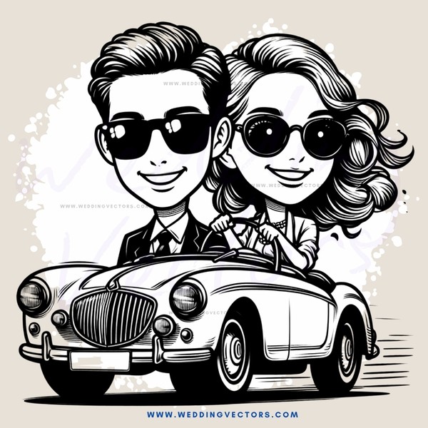 a cartoon drawing of two people and a car