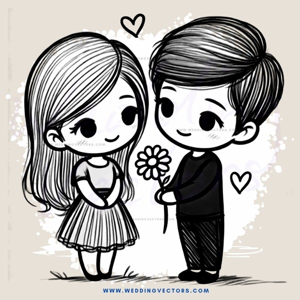 boy and girl holding flowers with heart shaped outlines
