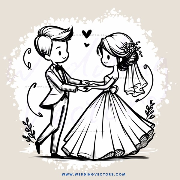 wedding bride and groom in black & white artwork