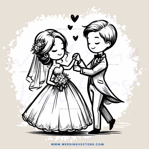 a bride and groom in wedding attire holding hands