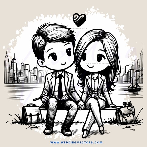 a couple sitting by the lake with cities in the background