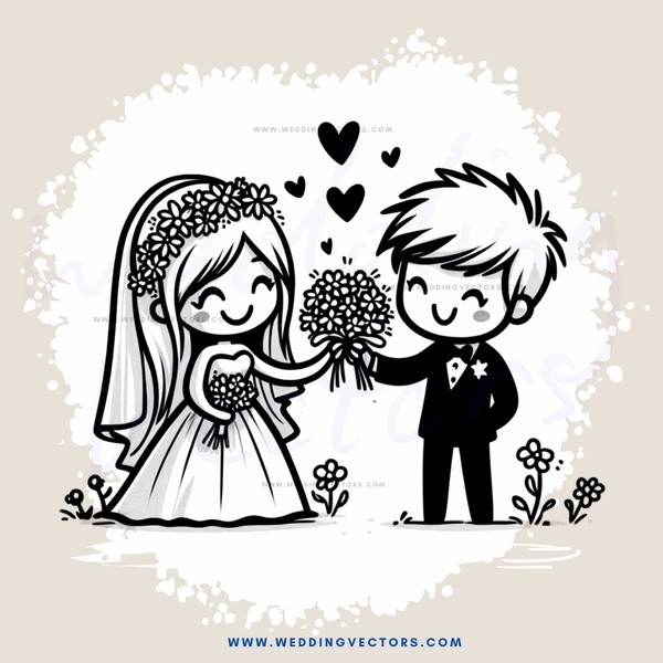 bride and groom with flowers in hand