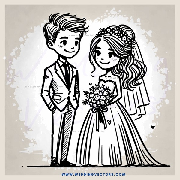 a bride and groom in wedding attire