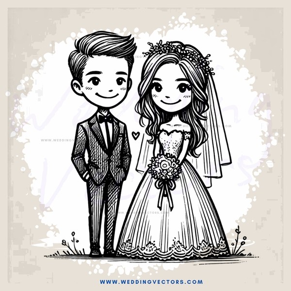 a young couple standing together with wedding attire