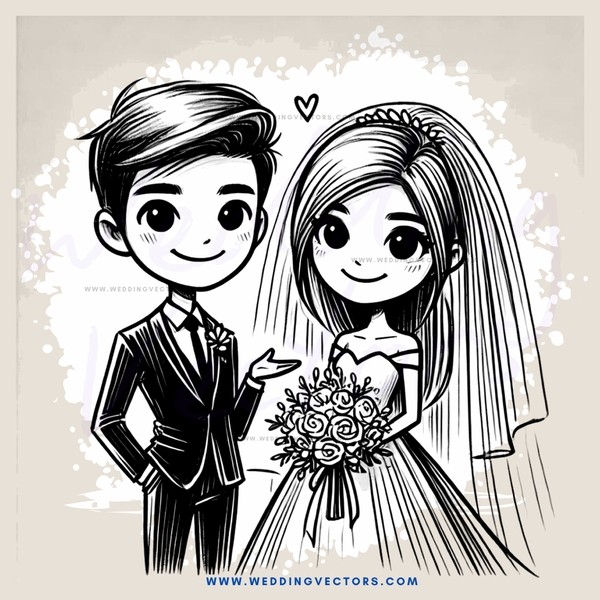 wedding bride & groom cartoon in black and white