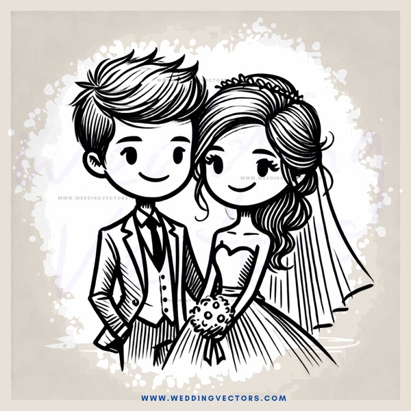 a cartoon illustration of a bride and groom