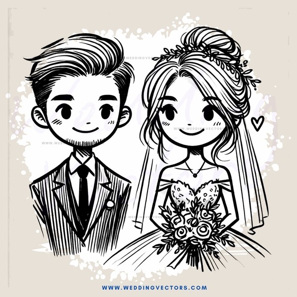 a bride and groom in wedding attire