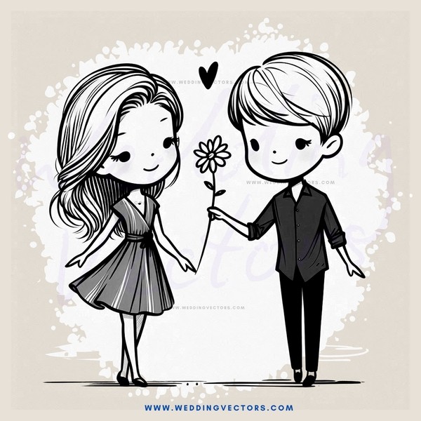 a boy and girl holding hands and flowers