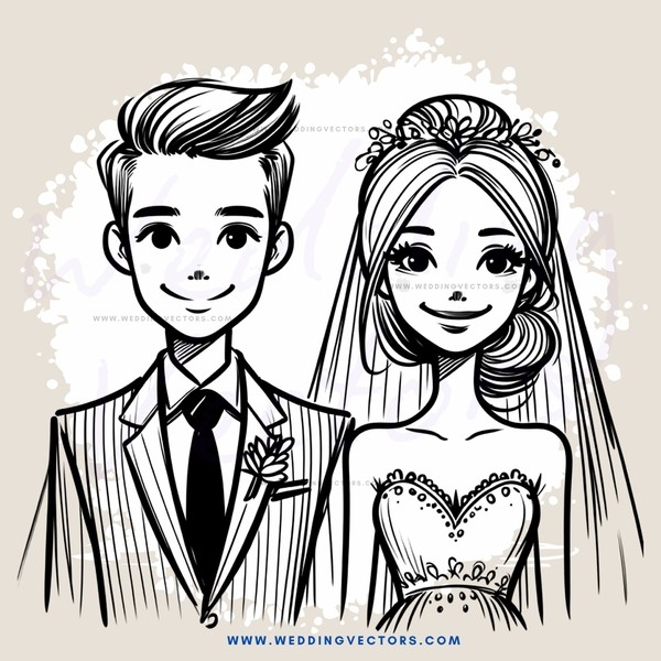 bride and groom in black and white cartoon style drawing