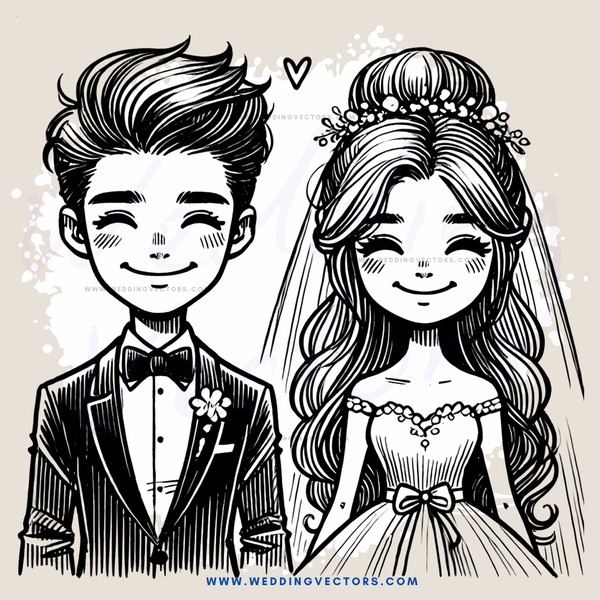 smiling couple in black and white illustration