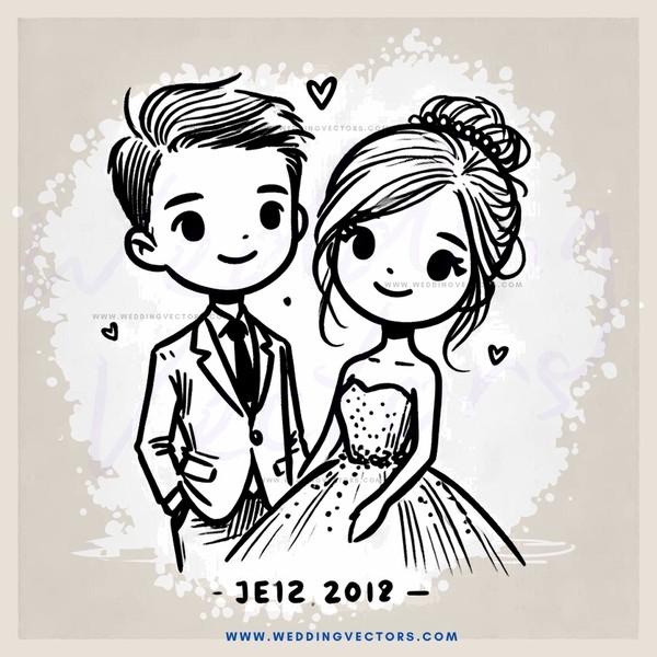 a couple in wedding attire, with hearts floating around them