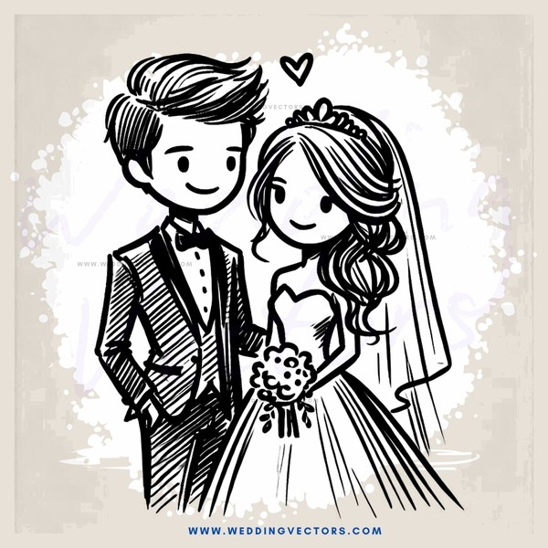 wedding bride and groom in black and white cartoon drawing