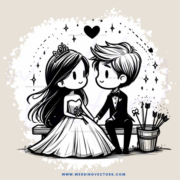 a couple sits on a bench, holding hands and surrounded by objects