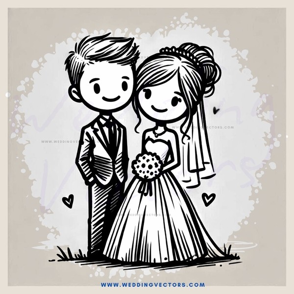 a couple in wedding attire with hearts and flowers